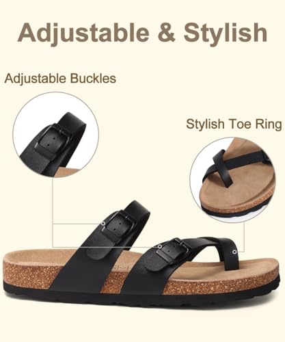 Image of KIDMI Women's Cork Footbed Sandals with Toe Loop, Comfortable Summer Slip-On Slides with Adjustable Buckle