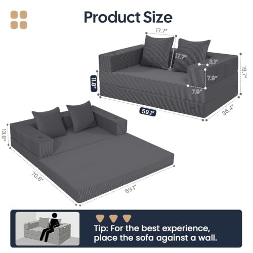 Image of COMAX Futon Sofa Bed, Convertible Sofa Bed, Folding Boneless Couches | Boneless Couch for living room, 4‑in‑1 Fold Out Small Foldable Loveseat Floor Sleeper Mattress Lounge Space‑Saving, Grey