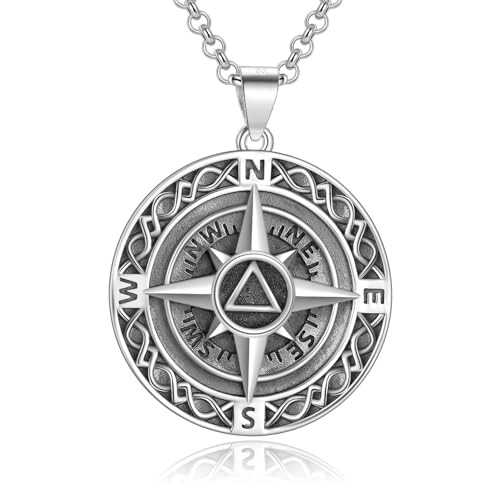 LES OSEWA Compass Necklace for Men Sterling Silver Compass Pendant Masonic Viking Necklace Travel Amulet Necklace Inspirational Graduation Jewelry Gifts for Women