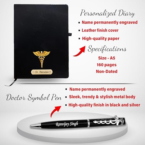Image of SAVRI Personalized Doctor Gift Set | Custom Engraved Diary, Doctor Symbol Pen & Coat Pen Stand | Customized Medical Gift for Doctors, Surgeons, MR, MS | Graduation, Appreciation & Conference Gift