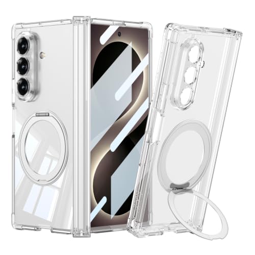 Samsung Galaxy Z Fold 7 uyumlu şeffaf sert PC kılıf; M-Safe şarj desteği ve yüzük standı