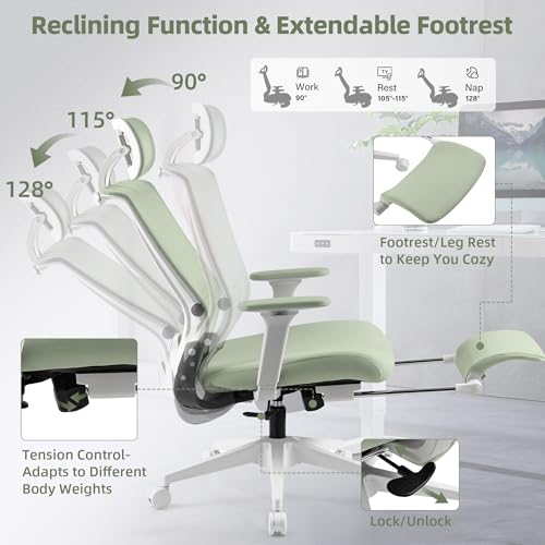 Foldable Office Chair with Foot Rest, Ergonomic Office Chair with Adjustable Lumbar Support, Headrest, Armrest, Home Office Desk Chair for Space Saving, Work from Home, Green - Image 6