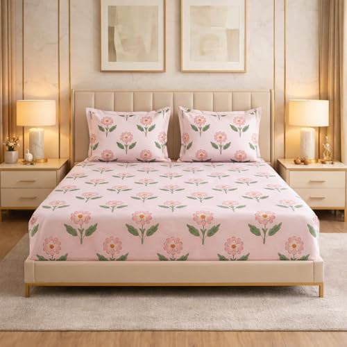 Image of BSB HOME Cloud Cotton King Size Fitted Bedsheet 78 x 72 + 10 Inches | 220 Thread Count Soft & Breathable Cotton Fitted Bed Sheet with Elastic, Deep Pocket Bedding for Home (Pink)