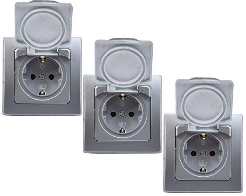 DELPHI Steckdose Unterputz IP44 3x Feuchtraum-Steckdose mit Schutz-Deckel - mit Gummidichtung für Innen Aussen - Küche Bad Terrasse Balkon - Grau Silber