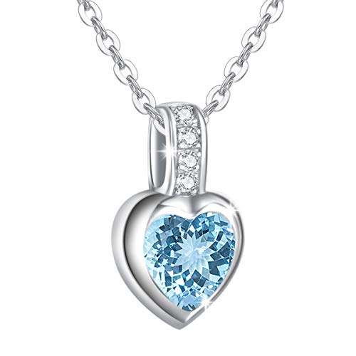AGVANA Geburtsstein Herz Kette Mit Anhänger 925 Sterling Silber März Synthetisches Aquamarin Halskette Feinen Schmuck Geschenk Für Frauen, Länge: 45cm Cover