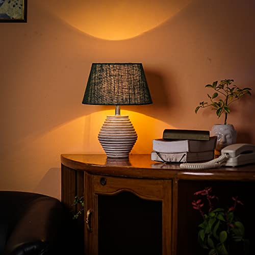 Image of PineCraft International Atury Table Lamp with Shade Night Lamp for Living Room, Study Room, Bedroom & Home Decor Gift Item 14 inch Height Wooden Study Lamp with Dark Green Shade