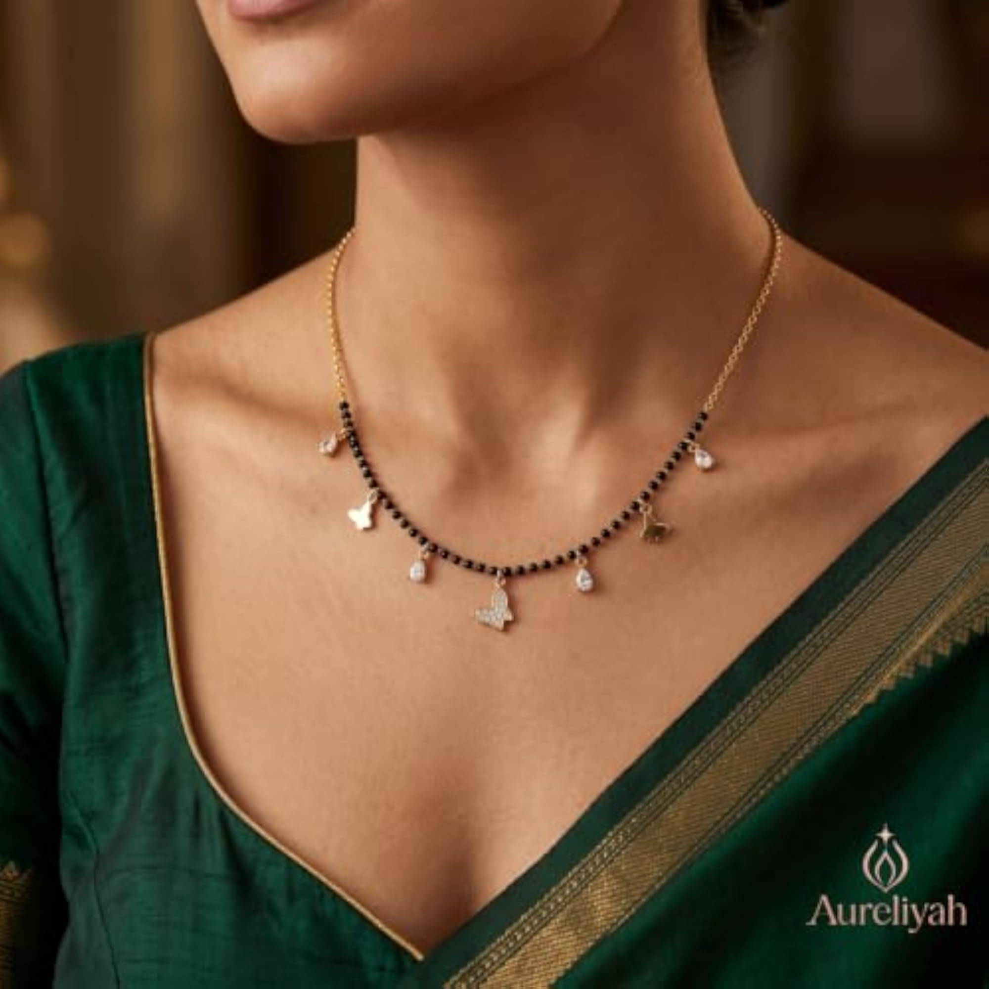 Women's Brass Gold Plated Butterfly Mangalsutra Necklace with CZ Charms