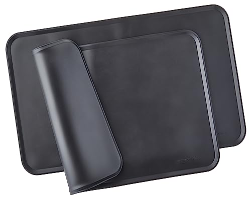 Amazon Basics Waterproof Anti-Slip Silicone Cat & Dog Food Mat, Pet Mats with Raised Edges for Food and Water Bowl to Protect Floors, 18.5 x 11.5 Inches, Black, Solid - Pack of 2