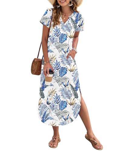 Image of MISFAY Women's Summer Maxi Dress 2026 Casual Short Sleeves V Neck Loose Sundress Split Long Beach T Shirt Dress