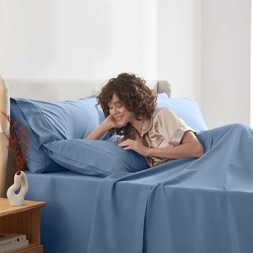 Image of Nestl Extra Deep Split King Sheet Set - 7 Piece Breathable & Cooling Sheets - Hotel Luxury Bedding Set w /18-24 Inch Deep Pockets - Easy & Secure Fit - Super Soft, Wrinkle Free & Comfy - Blue Heaven