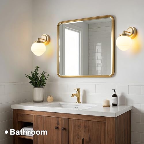 Image of Mid Century Wall Light, Vintage Wall Sconce, Gold Vanity Sconce, Milk Glass Wall Lamp for Bathroom Hallway Kitchen Bedroom Living Room Stairway (Hardwired, E26)