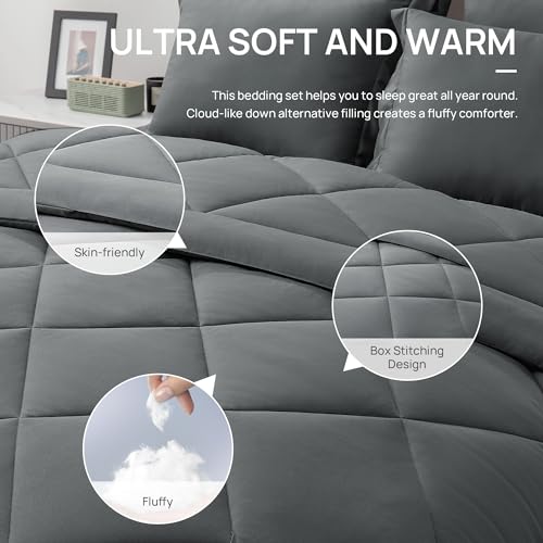 Love's cabin King Size Comforter Set Dark Grey, 7 Pieces King Bed in a Bag, All Season Bedding Sets with 1 Comforter, 1 Flat Sheet, 1 Fitted Sheet, 2 Pillowcase and 2 Pillow Sham