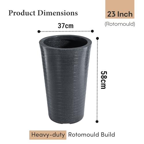 Image of Kuber Industries Rotomould Big Size Planter 23 Inch | Outdoor Indoor Flower Pot with Drain Hole for Balcony, Terrace, Garden, Office | Rib Tower - Grey