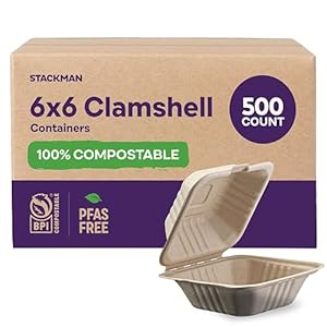 [Case – 500-Pack] 100% Compostable to Go Containers 6×6″ Clamshell Take Out Food Container with Hinged Lid – Disposable Togo Plates – Biodegradable Eco-Friendly Takeout Box Made of Sugar Cane Bagasse