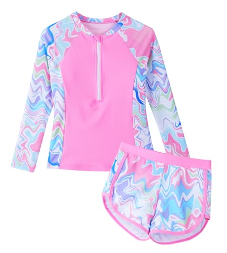 Image of Happy Cherry Girls Two Piece Rash Guard Swimsuit Floral UPF 50+ Swim Set Summer Beach Swimwear 8-12T