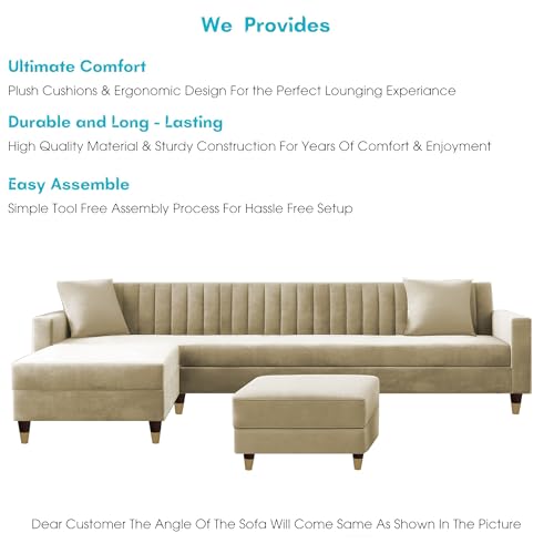 Image of Casaliving Garcia LHS 8 Seater L Shape Sofa Set with Ottoman & 2 Puffy for Living Room (Cream) Premium Fabric Sofa Set