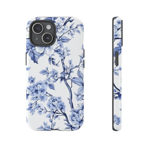 Coque fleur bleue vintage iPhone 15 rigide brillante pour un look chic au quotidien