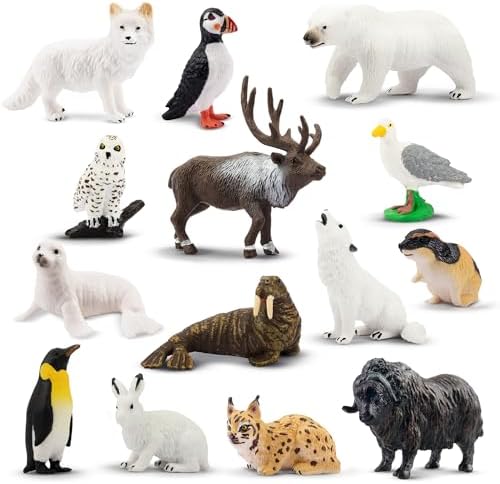Toymany 14PCS Tiny Polar Animal Figurines, Plastic Arctic Animal Figure Set Includes Polar Bear,Caribou,Penguin,Walrus, Wolf Figures, Cake Toppers Christmas Party Birthday Toy Gift for Kids