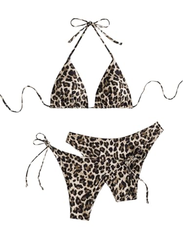 GORGLITTER Bikini Damen Set 3 Stücke Neckholder Bikini-Sets Swimwear Dreiteilige Swimsuits Triangle Rückenfrei Bikinis Bikinihose mit Schleifen Leoparden M