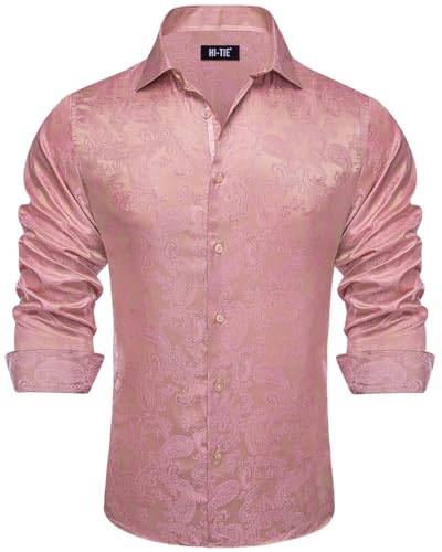 Hi-Tie Rose Gold Dress Shirt for Men Paisley Long Sleeve Button Down Regular Fit Button Up Shirts Formal Wedding Business Party