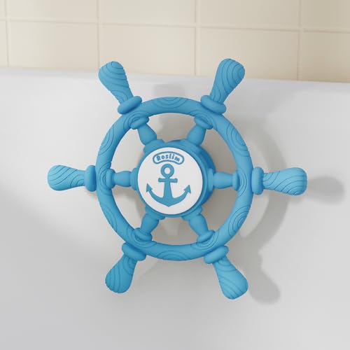 Image of Bathtub Suction Spinner Toys - Silicone Bath & High Chair Sensory Toy for Babies & Toddlers, Novelty Spinners with Suction Cup, Car Window Travel Toys (Ship Steering Wheel Toy - Bubble Blue)