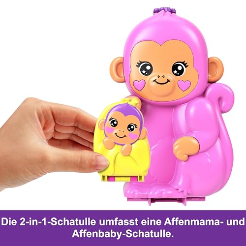Polly Pocket Puppen & Spielset mit Tieren und 13 Accessoires, 2-in-1 Affenmama und Baby, tragbare Tasche und Tierspielzeug, HWP04
