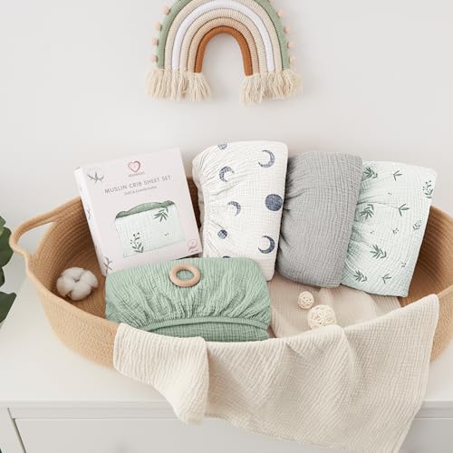Image of Bearmoss Muslin Mini Crib Sheets for Pack N Play Mattress - 100% Cotton - 38 inchx26 inch Soft Breathable Playard Baby Crib Sheets Neutral for Boys Girls - 2 Pack (Bamboo)