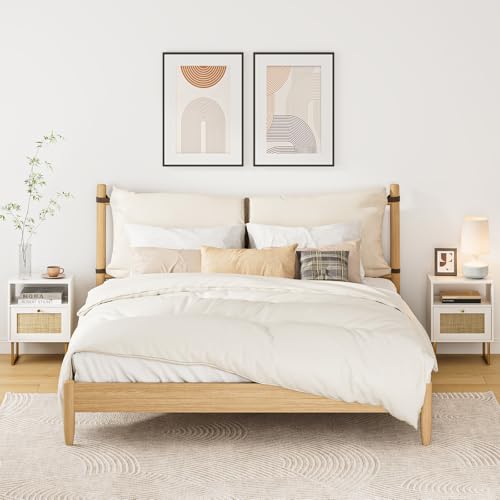 Image of Rattan Nightstand, Mid Century Modern Night Stand,Boho Farmhouse Wood Bedside Table with Storage and Open Shelf, End Side Accent Table for Bedroom,Living Room,White