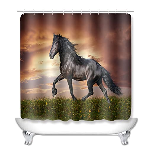 Duschvorhang Tier Pferd Braun Badezimmerteppich 4-Teiliges Set, Duschvorhang 180x180 Polyester+Badematte rutschfeste… – Bild 3