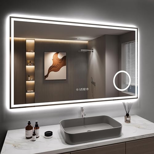 Dripex 100x60cm Miroir Salle de Bain avec 3X Loupe, 45W Miroir Anti-buée avec éclairage, Affichage de L'heure, Prise pour Rasoir, Dimmable et 3 Couleurs Réglable, IP44 Étanchéité