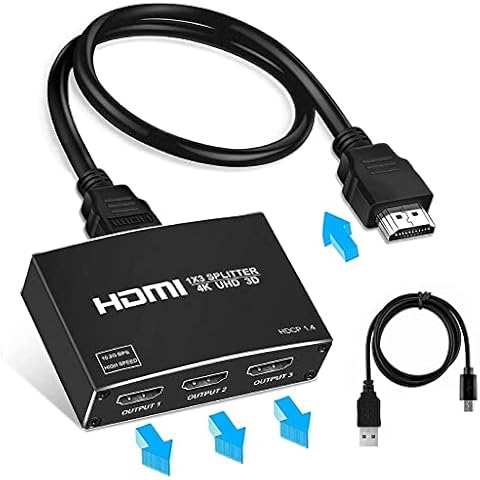 4K HDMI Splitter 1 in 3 Out, Aluminum HDMI Splitter 4K, 【Duplicate 3 Same Outputs,Not Extend】 Support 4K, 1080P, 3D, HDR for Xbox, PS5, PS4, PS3, Roku, Blu-Ray Player, Etc (3.9ft HDMI Cable Included) Cover