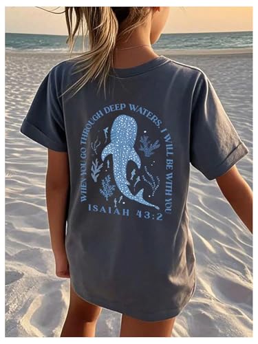 SHENHE Girl's Summer Graphic Tee Whale Shark Ocean Beac T Shirt Crewneck Short Sleeve Top4