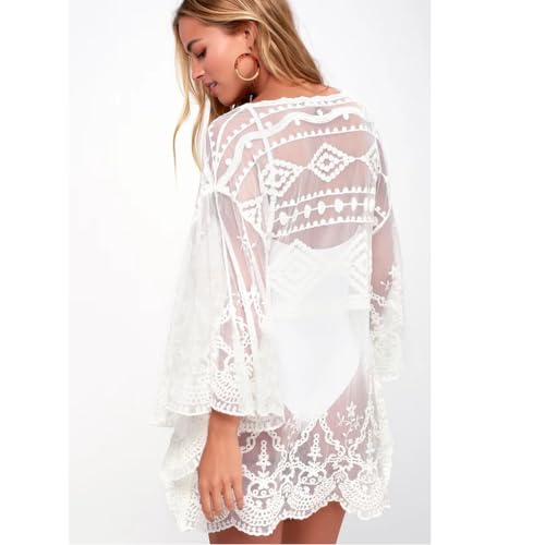 OKSakady Damen Frauen V- Ausschnitt Spitze Mesh Gestickt Bikini Cover Up Badeanzug Strandkleid Bademode-2