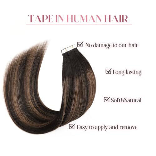 Image of Sixstarhair Tape In Hair Extensions Chocolate Brown Highlighted Caramel Blonde Color Tape In Extensions Ombre Brown Tape Hair Extensions Real Human Hair 50g per Pack 20pcs [P2 /6 /2 16inch]
