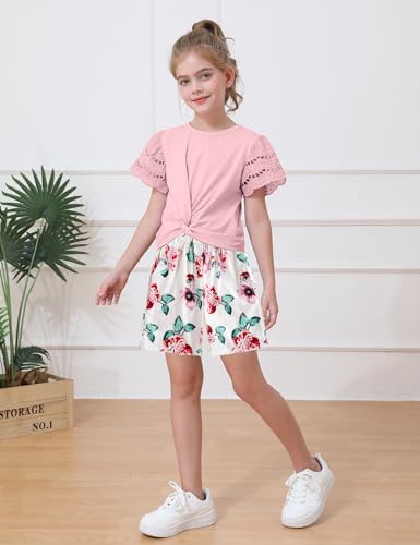 Image of mksodop Girls Clothes 2-Piece Teen Girls clothes Lace Hollow Short-Sleeved Twist T-Shirt And Floral Short Girl Summer Outfits