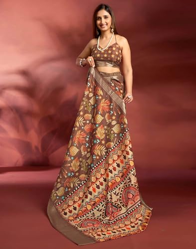 Image of SIRIL Women's Dola Silk Printed Jacquard Border Ready To Wear Saree with Unstitched Blouse Piece