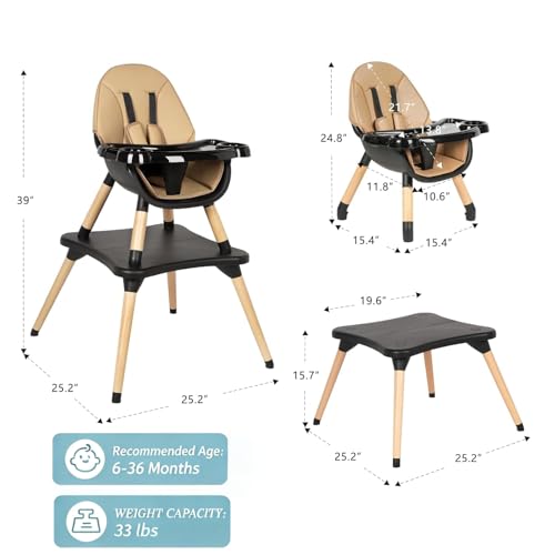 Image of 6 in 1 High Chair for Babies & Toddlers, Convertible Wooden Baby Highchair, Table and Chair Set, Baby Feeding Chair, 5-Point Adjustable Harness /4-Position Removable Tray& PU Seat Cushion (Black)