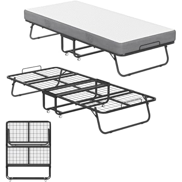 UISEBRT Łóżko Składane z Materacem 90 x 200 cm dla Gości, Metalowa Rama z Kółkami - dla Dorosłych, 13 cm Grubości, Nośność 200 kg