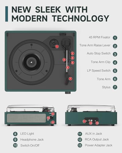 Image of Vinyl Record Player Turntable with Speakers, Dark Teal