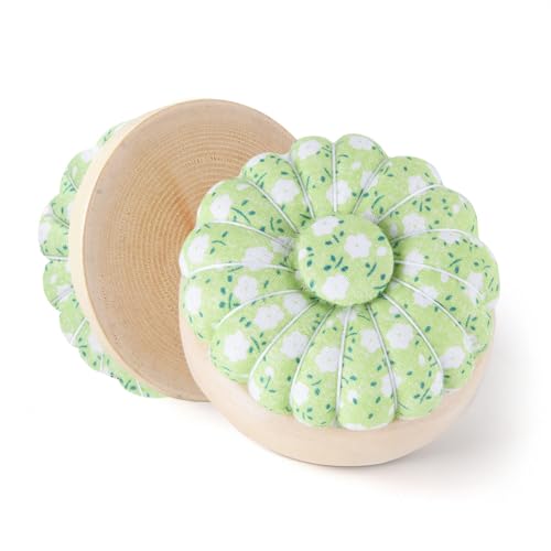 1Pcs Pumpkin Pin Cushion with Magnetic, Wooden Base Cute Needle Pincushions Japanese Style Pin Cushions Needle Holders for Sewing Quilting Accessory or DIY Crafts.Bright Green Floral