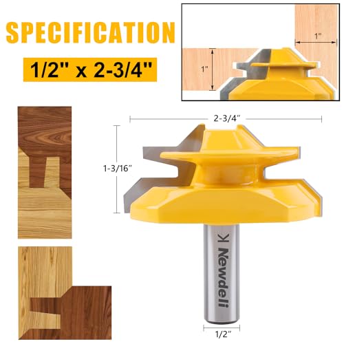 Image of Newdeli 3PCS 45 Degree Lock Miter Router Bit Set 1 /2 Inch Shank for 1 /2 inch, 3 /4 inch, 1 inch Cutting Height Joint Router Bits for Creating Lock Miter Joint