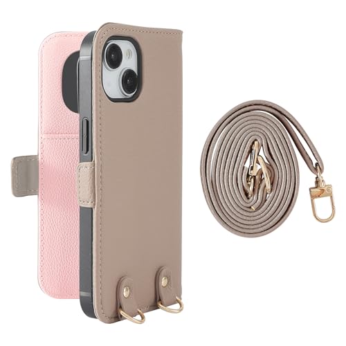 HanaRo iPhone14 用 ケース スマホケース 鏡付き 手帳型ケース くすみカラー ショルダー ミラー ﾍﾞｰｼﾞｭ×ﾋﾟﾝｸ