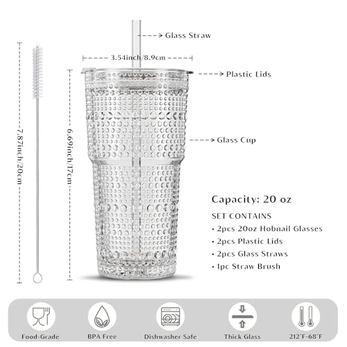 Image of INSETLAN 20oz Hobnail Glass Cups with Lids and Glass Straws - 2 Pieces, Thick-Walled Glass Tumblers for Iced Coffee, Smoothies, Milk, Water, Juice, and More - Elegant and Durable Drinking Glasses