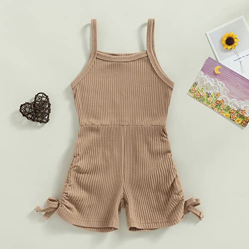 Mainesaka Toddler Baby Gilr Sleeveless Jumpsuit Knit Ribbed Solid Adjustable Strap With Pocket Summer Overalls Romper Onesie (C-Coffee, 2-3 Years) #TOP2