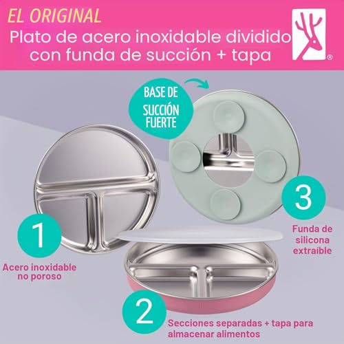 Miniatura 2 de Elk And Friends Platos Divididos De Acero Inoxidable Para Niños Con Mangas De Succión De Silicona Tapa, Adecuados Para Bebés Y Niños Pequeños, Aptos Para Lavavajillas, Vajilla Que Se Mantiene En Su