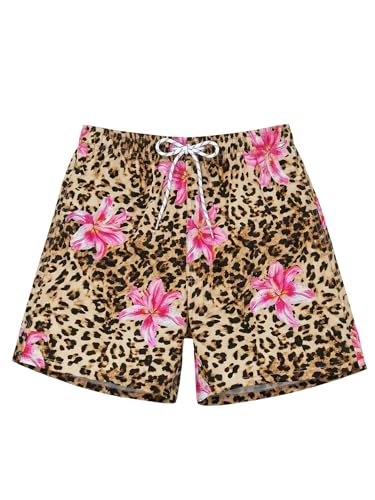COOLOYA Mens Striped Swim Trunks Bathing Suits Quick Dry Board Shorts Mesh Lining Beach Swimwear with Pockets Khaki Leopard Floral M