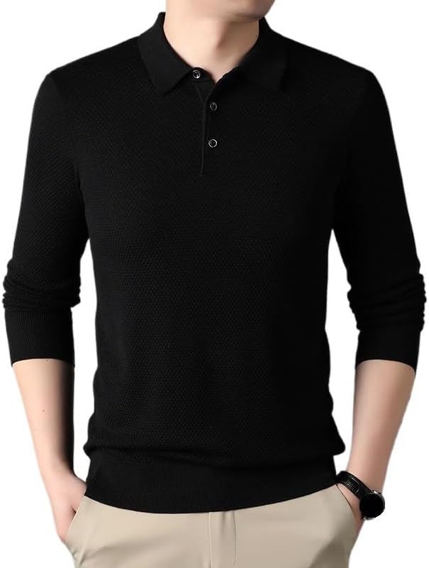 Mens Polo Collar Wool Sweater Honeycomb Pattern Autumn Winter Fashion Casual Sweaters
