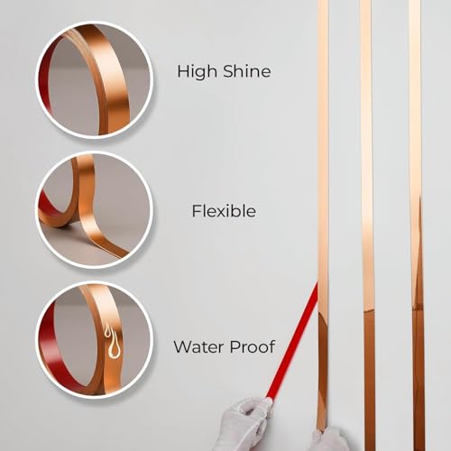 Image of Gold Moulding Patti for Wall - 5M Self Adhesive Metal Strip | T Profile Wall Moulding Trim for Ceiling, Furniture, Cabinet, Tile Border | 12MM SS 201 Mirror Finish (Gold, 12MM)