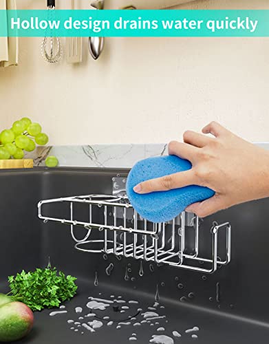 Hapirm 4 In 1 Adhesive Sink Caddy Sponge Holder, Sus304 Stainless Steel Sink Basket Brush Holder + Dish Cloth Hanger + Soap Rack + Sink Stopper Holder With 2 Installation Ways - Silver #TOP2