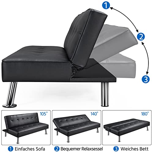 Yaheetech 3er-Sofa Couch Schlafsofa Bettsofa Klappsofa mit Schlaffunktion, Kunstleder, schwarz – Bild 7